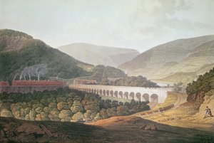 Vista, de, um, ponte pedra, através, a, vale, e, rio, em, Risca, em, Monmouthshire, (color, engraving)